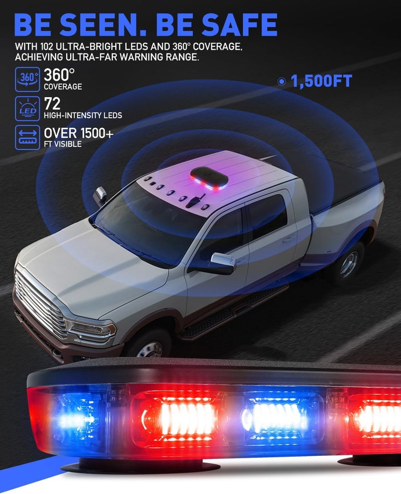HLauto 700A Rooftop Emergency Strobe Lights Bar, 72 LED Red Blue Mini Beacon Safety Flashing Warning Traffic Lights Bar w/Magnetic Base for 12-24V Trucks, Construction Vehicles, Snowplow, Cars - Image 4